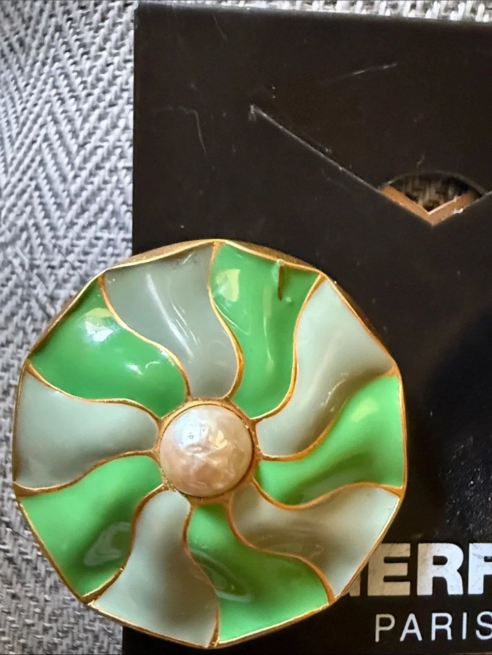 NWT Vintage Karl Lagerfeld Paris Green & White Enamel Floral Clip-On Earrings